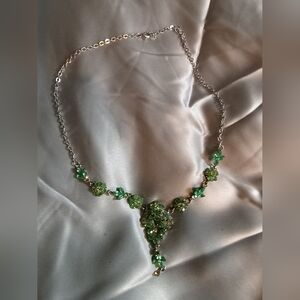 Vintage Green Rhinestone, Silver, Uranium Glass Necklace